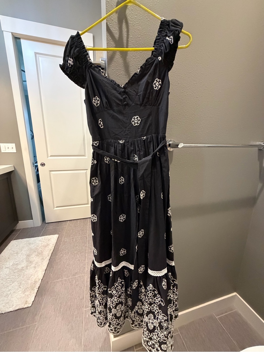 Camellia Black Maxi Dress with White Floral Embroidery-NWOT